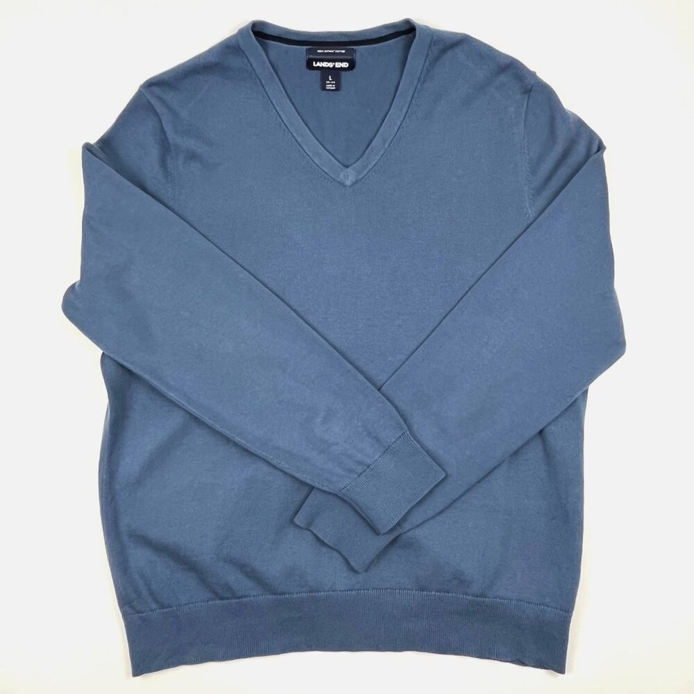 Lands' End Mens Classic V-Neck Supima Cotton Sweater Blue Sz. L